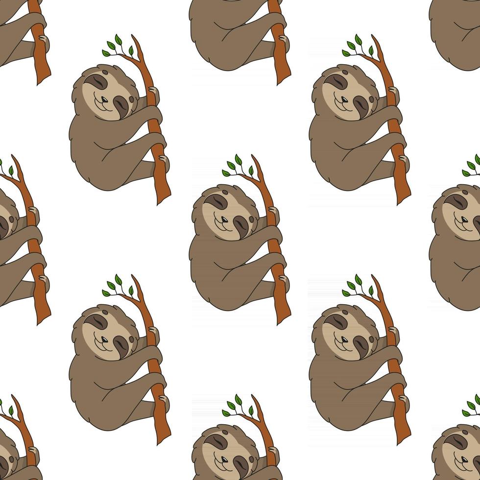 Happy sloth. Colored seamless pattern with cute cartoon character. Simple flat vector illustration isolated on white background. Design wallpaper, fabric, wrapping paper, covers, websites.