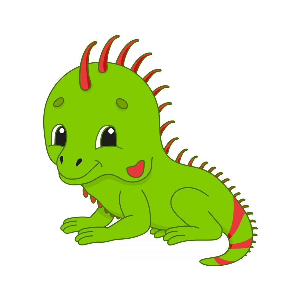 Green iguana. Cute character. Colorful vector illustration. Cartoon style. Isolated on white background. Design element. Template for your design, books, stickers, cards, posters, clothes.