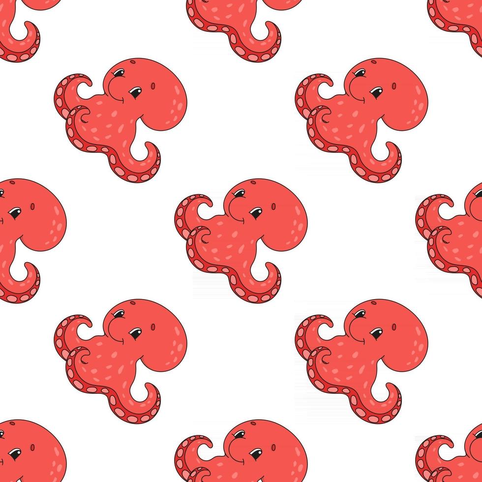 Happy octopus. Colored seamless pattern with cute cartoon character. Simple flat vector illustration isolated on white background. Design wallpaper, fabric, wrapping paper, covers, websites.