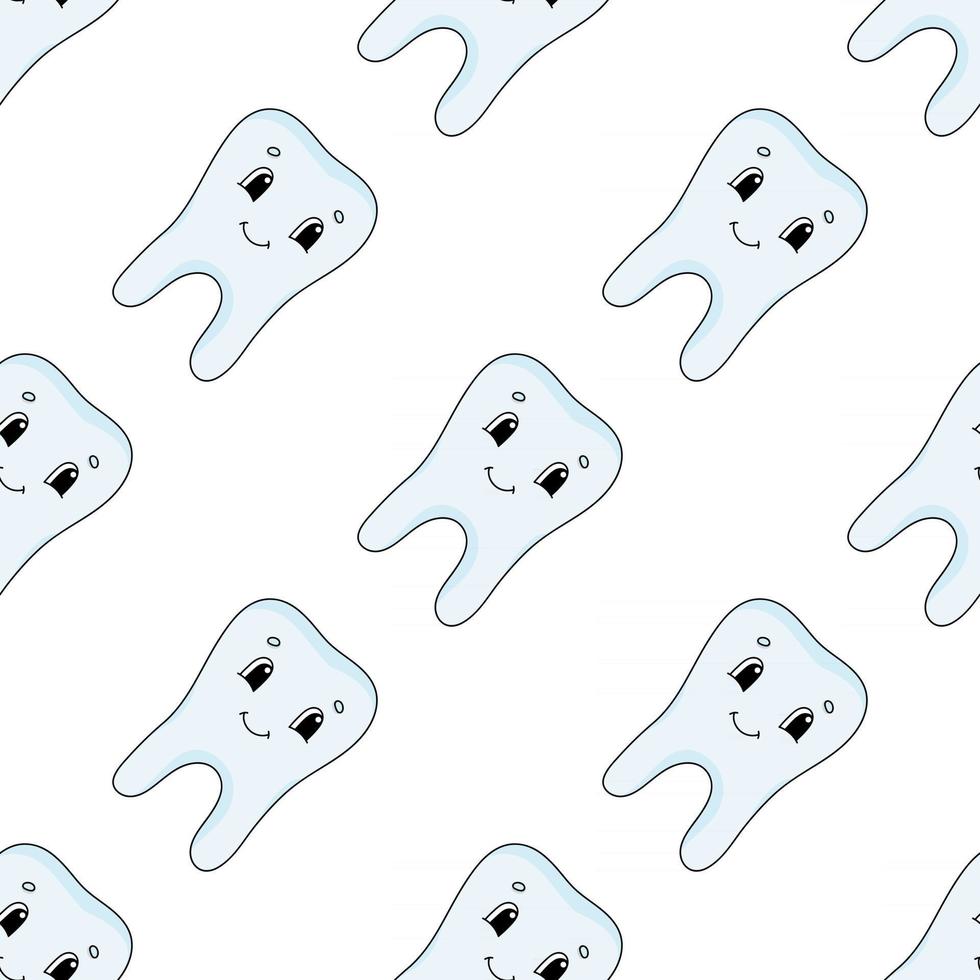 Happy tooth. Colored seamless pattern with cute cartoon character. Simple flat vector illustration isolated on white background. Design wallpaper, fabric, wrapping paper, covers, websites.