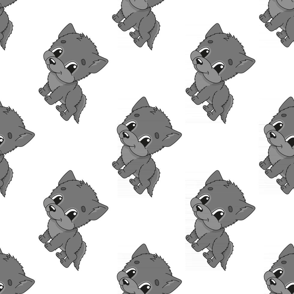 Happy wolf. Colored seamless pattern with cute cartoon character. Simple flat vector illustration isolated on white background. Design wallpaper, fabric, wrapping paper, covers, websites.