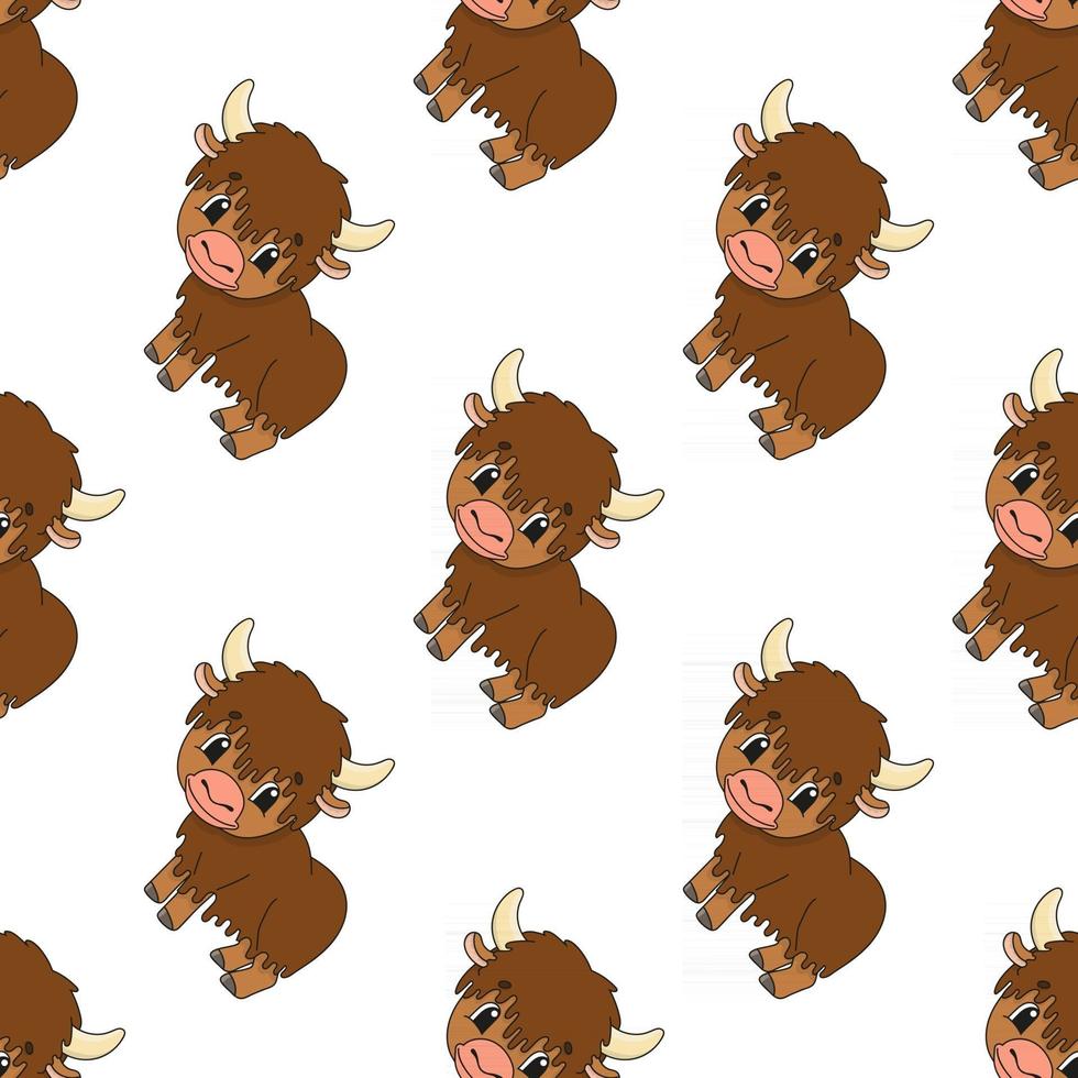 Happy yak. Colored seamless pattern with cute cartoon character. Simple flat vector illustration isolated on white background. Design wallpaper, fabric, wrapping paper, covers, websites.