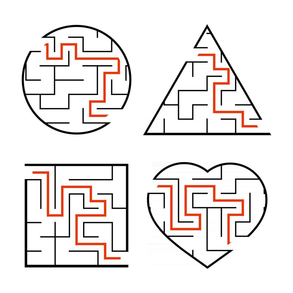 A set of mazes. Circle, square, triangle, heart. Game for kids. Puzzle for children. One entrances, one exit. Labyrinth conundrum. Flat vector illustration isolated on white background. With answer.