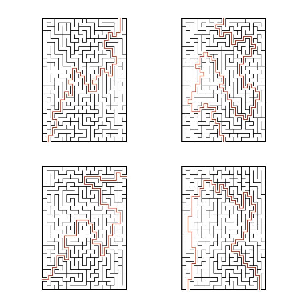 A set of rectangular mazes. Game for kids. Puzzle for children. Labyrinth conundrum. Flat vector illustration isolated on white background. With answer.