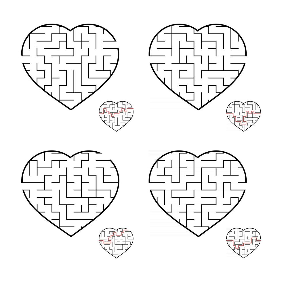 A set of labyrinths of hearts. Game for kids. Puzzle for children. Labyrinth conundrum. Flat vector illustration isolated on white background.