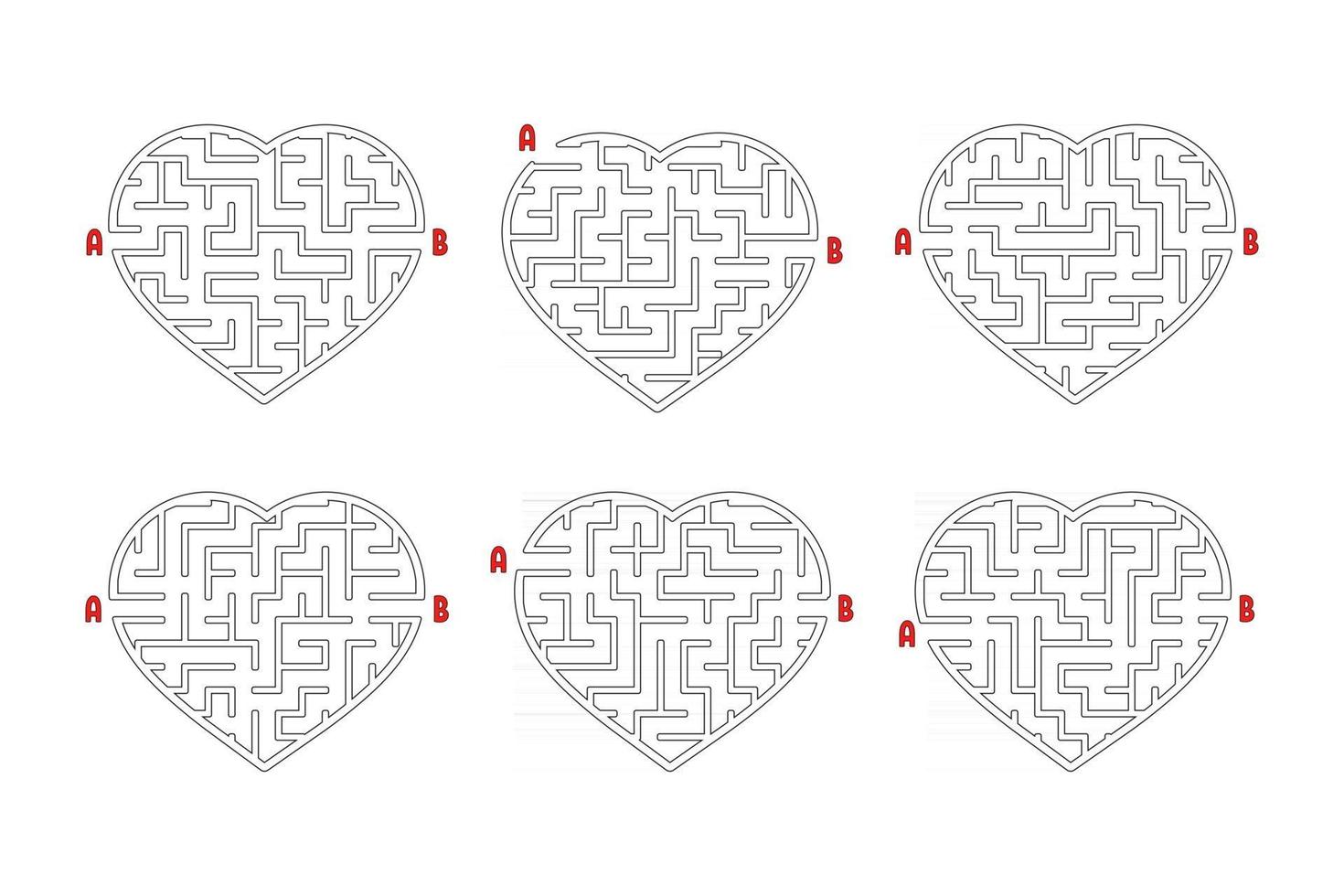 A set of labyrinths of hearts. Game for kids. Puzzle for children. Labyrinth conundrum. Flat vector illustration isolated on white background.