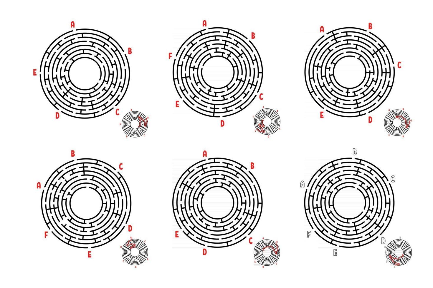 A set of round mazes. Game for kids. Puzzle for children. Labyrinth conundrum. Flat vector illustration isolated on white background.
