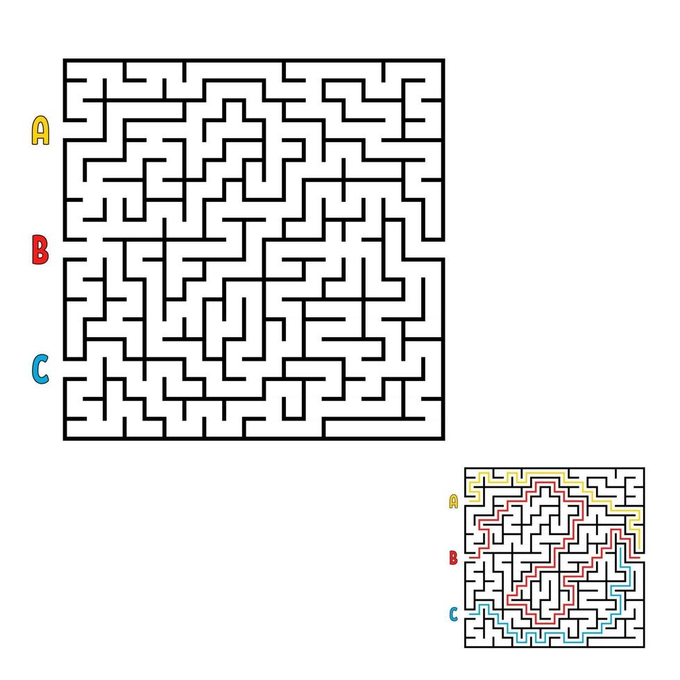 Abstract square maze. Game for kids. Puzzle for children. Find the right way to the exit. Labyrinth conundrum. Flat vector illustration isolated on white background. With the answer.