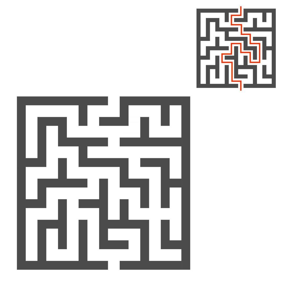 Abstract square maze. Game for kids. Puzzle for children. One entrance, one exit. Labyrinth conundrum. Flat vector illustration isolated on white background. With answer.