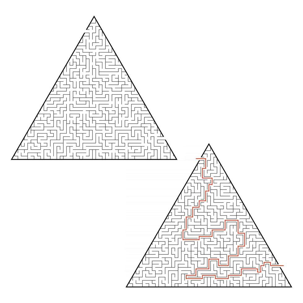 difícil laberinto triangular. juego para niños y adultos. rompecabezas para niños. una entrada, una salida. enigma del laberinto. Ilustración de vector plano aislado sobre fondo blanco. con respuesta.