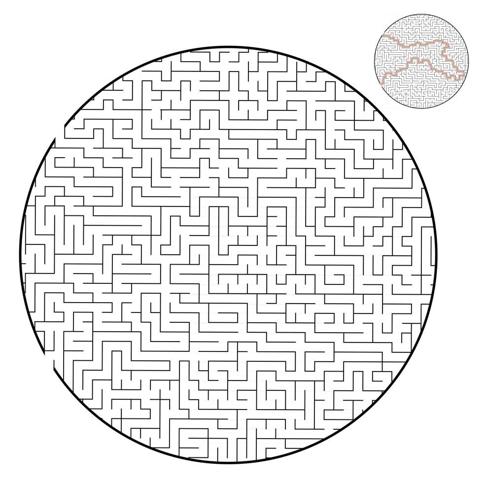 Difficult round labyrinth. Game for kids and adults. Puzzle for children. Labyrinth conundrum. Flat vector illustration isolated on white background. With answer.