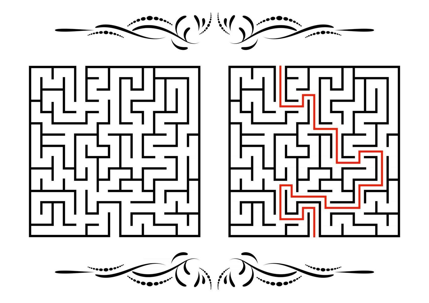 Abstract square maze. Game for kids. Puzzle for children. One entrance, one exit. Labyrinth conundrum. Flat vector illustration isolated on white background. With answer. With a vintage border