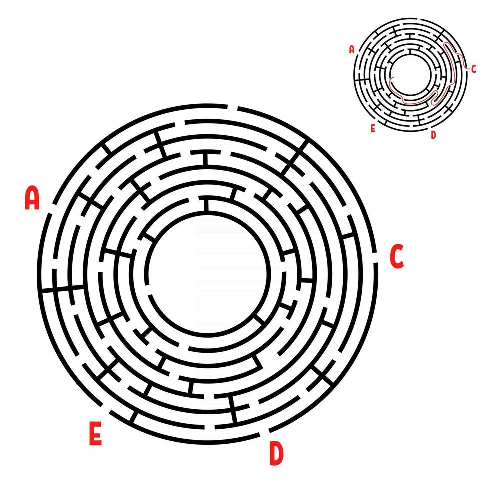 Abstract round maze. Game for kids. Puzzle for children. Find the right path. Labyrinth conundrum. Flat vector illustration isolated on white background. With answer. With place for your image.