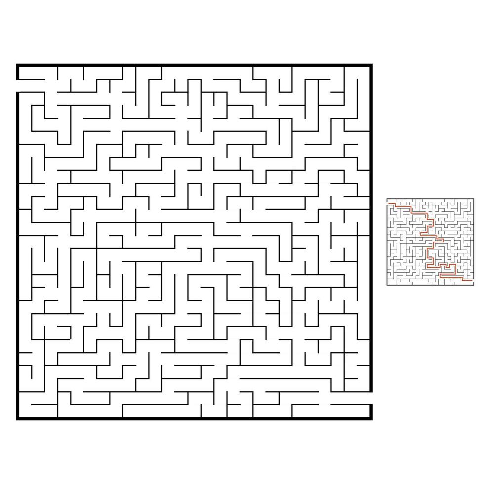 Abstract square maze. Game for kids. Puzzle for children. Labyrinth conundrum. Black flat vector illustration isolated on white background. With answer.