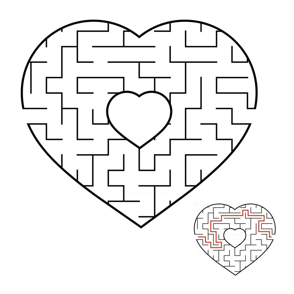 Abstract heart shaped labyrinth. Game for kids and adults. Puzzle for children. Labyrinth conundrum. Flat vector illustration isolated on white background. Love search concept. With answer.