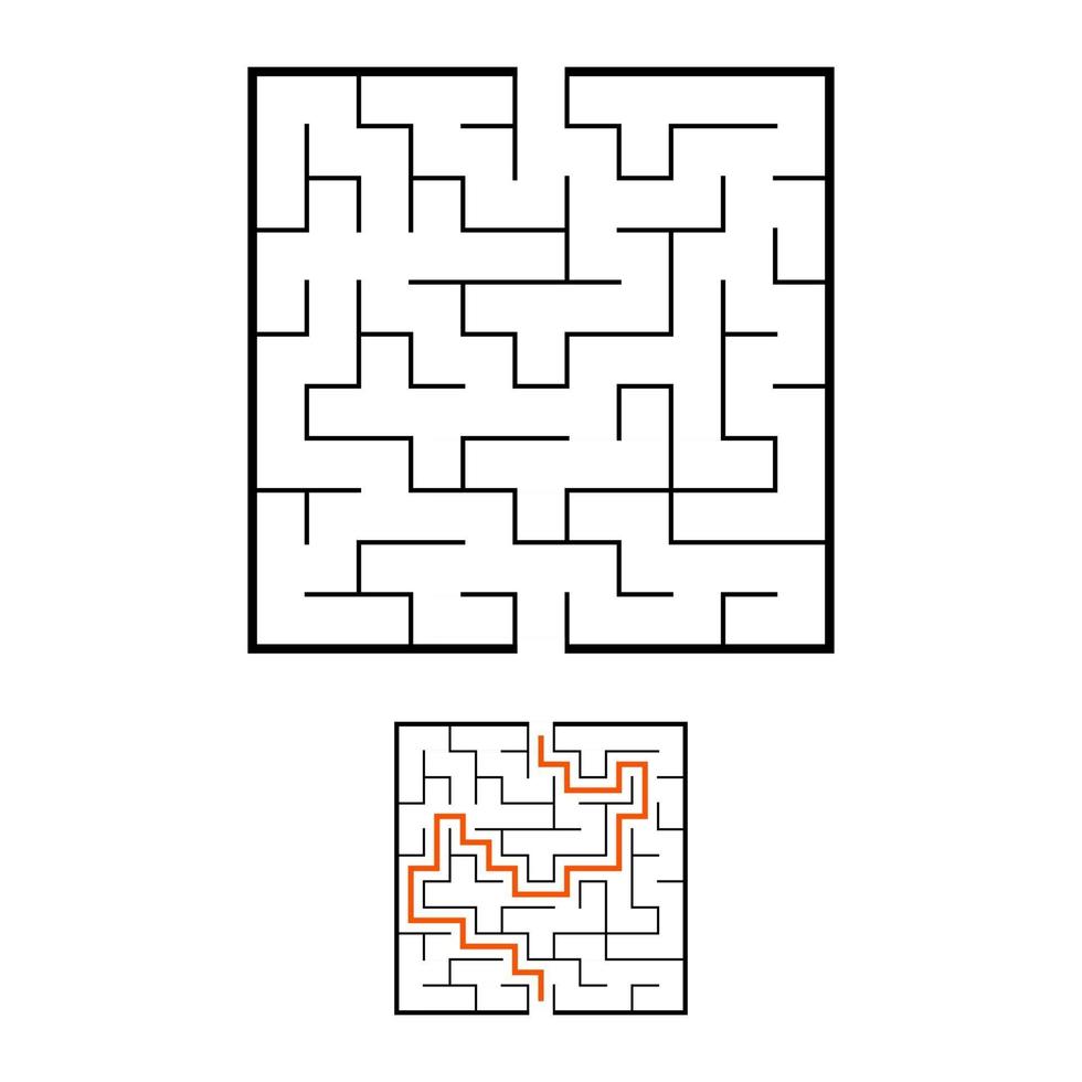 Abstract square maze. Game for kids. Puzzle for children. Labyrinth conundrum. Black flat vector illustration isolated on white background. With answer.