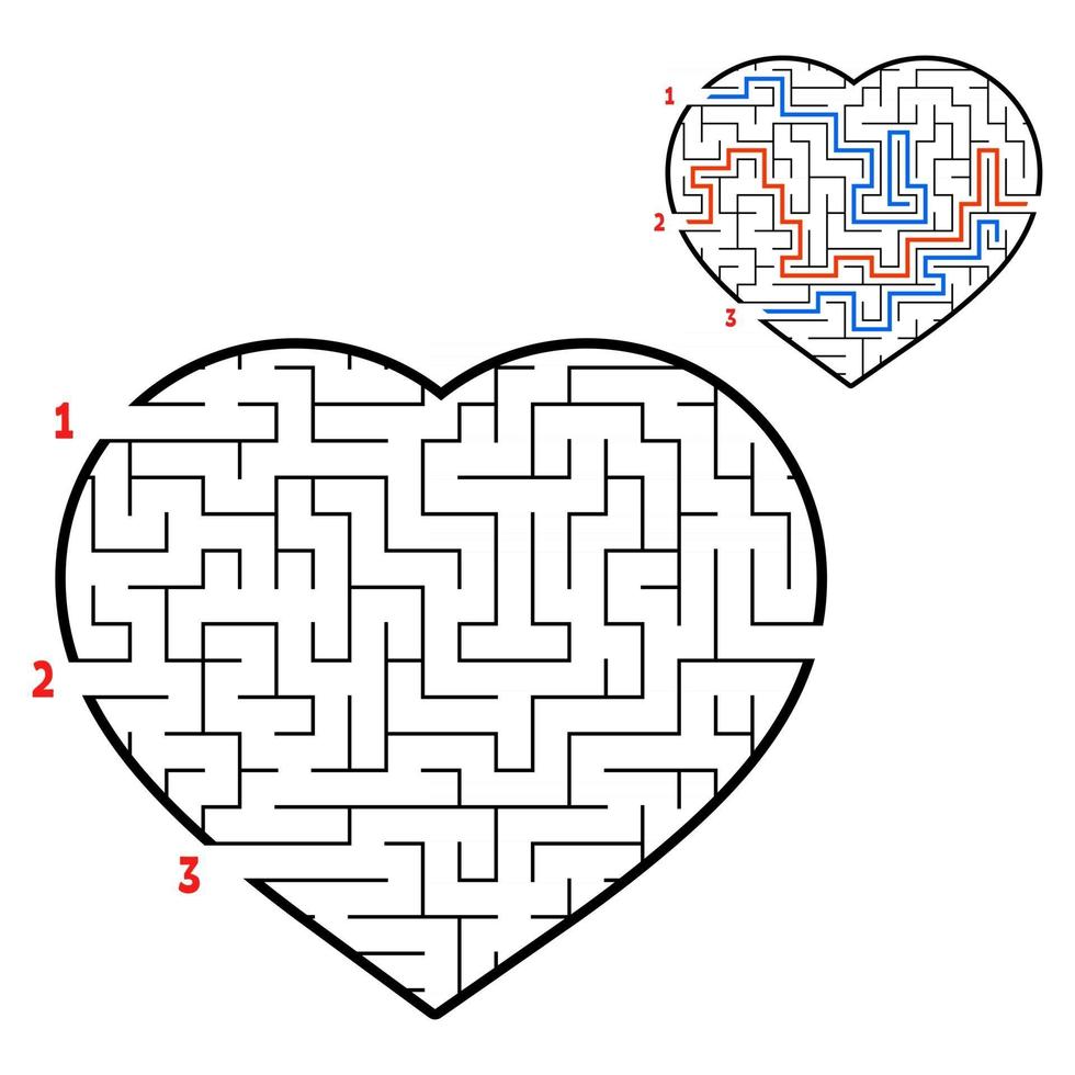 Labyrinth heart. Game for kids and adults. Find the right path. Puzzle for children. Labyrinth conundrum. Flat vector illustration isolated on white background. With the answers.