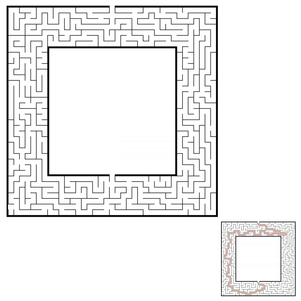 Abstract square maze. Game for kids. Puzzle for children. Labyrinth conundrum. Flat vector illustration isolated on white background. With answer. With place for your image.