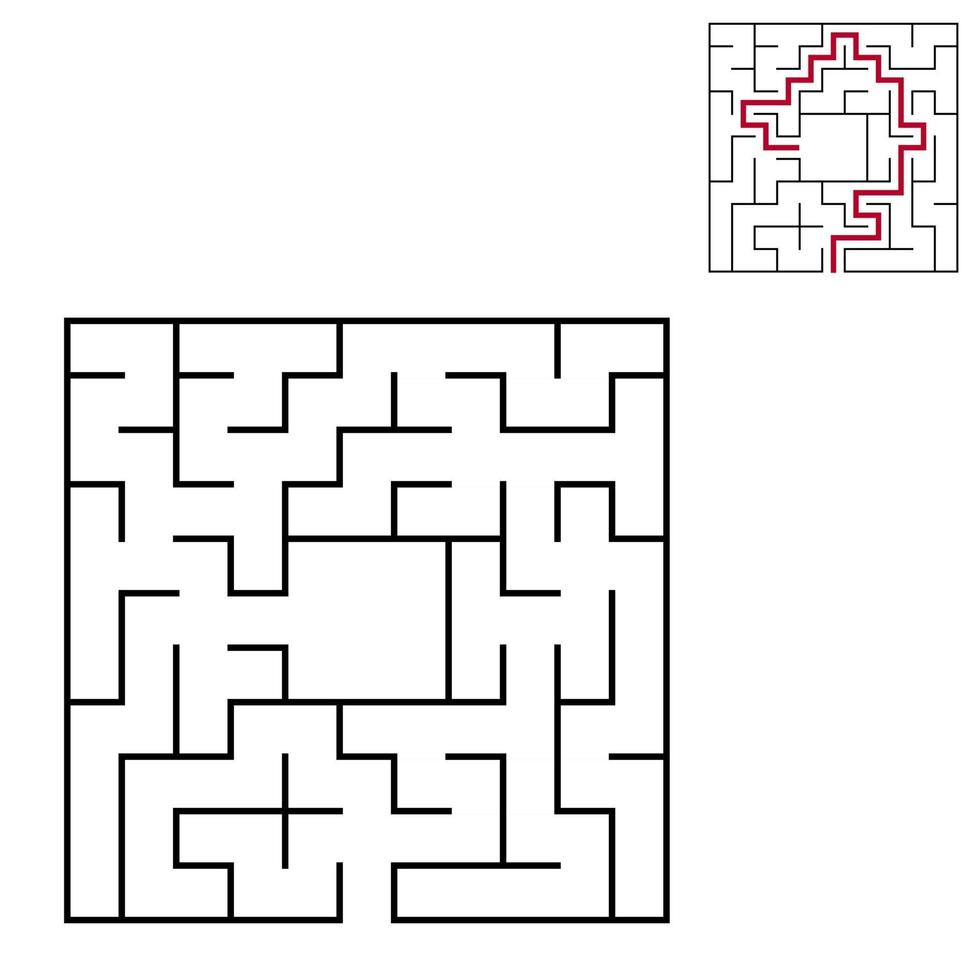 Black square maze with entrance and exit. An interesting and useful game for children. Simple flat vector illustration isolated on white background. With a place for your drawings. With the answer.