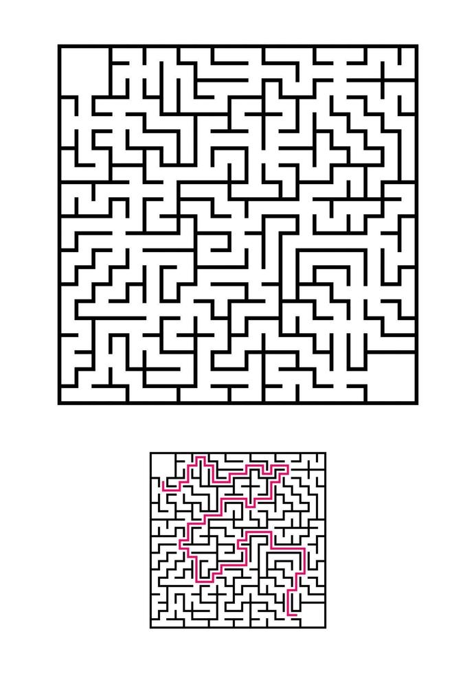 Abstract square maze. Game for kids. Puzzle for children. One entrances, one exit. Labyrinth conundrum. Simple flat vector illustration isolated on white background. With answer.