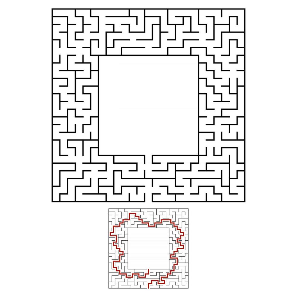 Black square maze with entrance and exit. An interesting and useful game for children. Simple flat vector illustration isolated on white background. With a place for your drawings. With the answer.