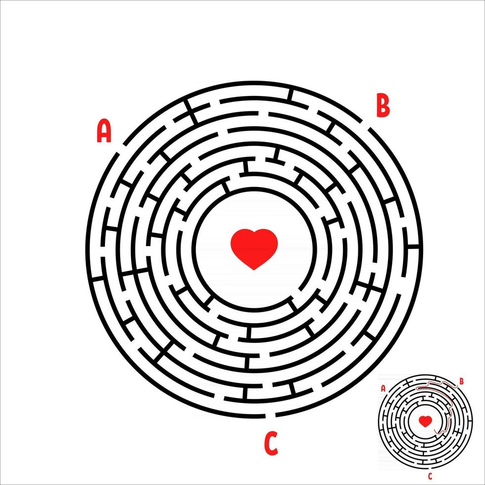 Black round maze. Game for kids. Children's puzzle. Many entrances, one exit. Labyrinth conundrum. Simple flat vector illustration isolated on white background. With place for your image.