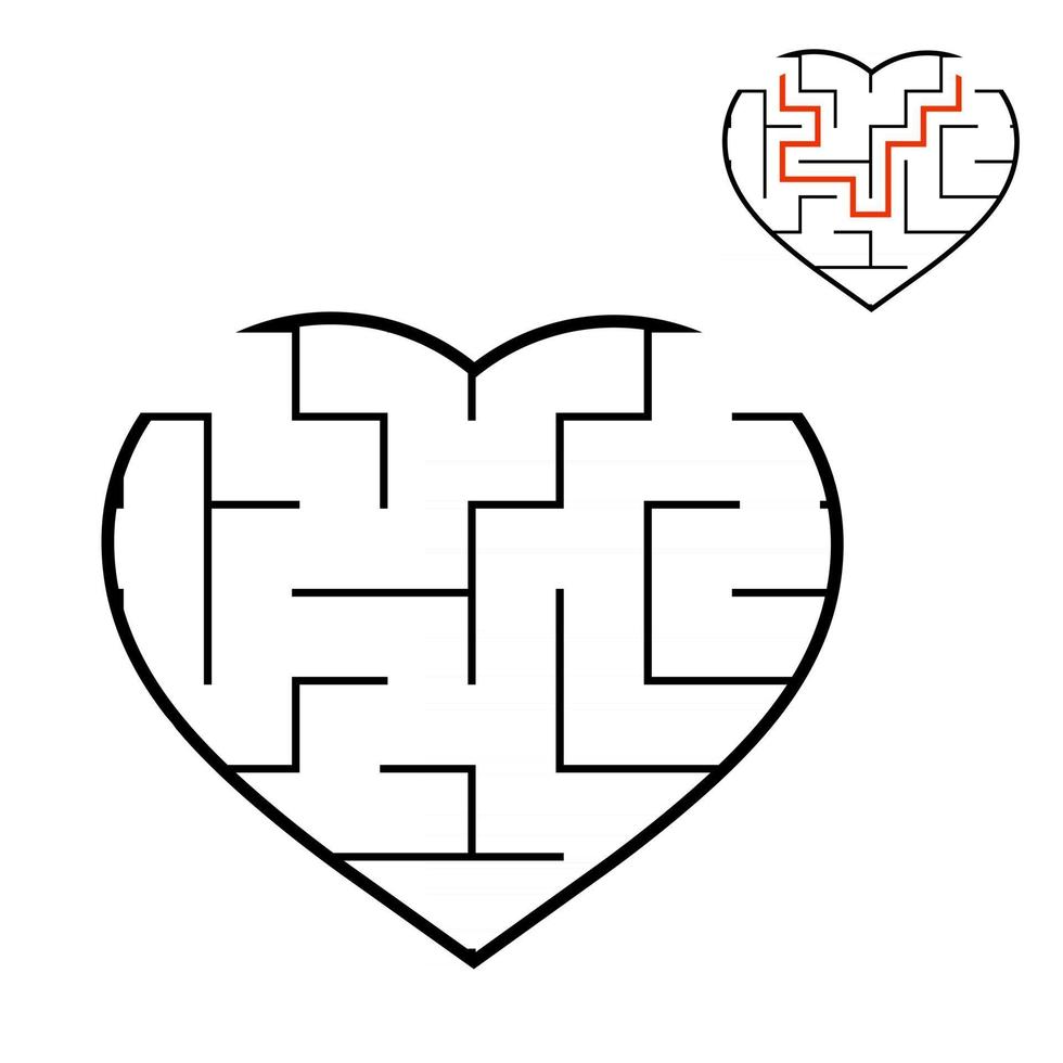 Black labyrinth heart. Game for kids. Puzzle for children. Maze conundrum. Valentine's Day. Flat vector illustration isolated on white background. With answer.
