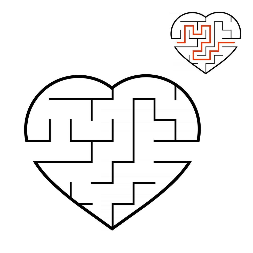 Black labyrinth heart. Game for kids. Puzzle for children. Maze conundrum. Valentine's Day. Flat vector illustration isolated on white background. With answer.