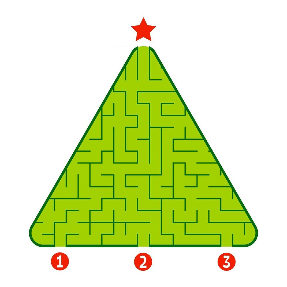 laberinto triangular abstracto. juego para niños. rompecabezas para niños. encuentra el camino correcto hacia la estrella. enigma del laberinto. Ilustración de vector plano aislado sobre fondo blanco. árbol de Navidad.