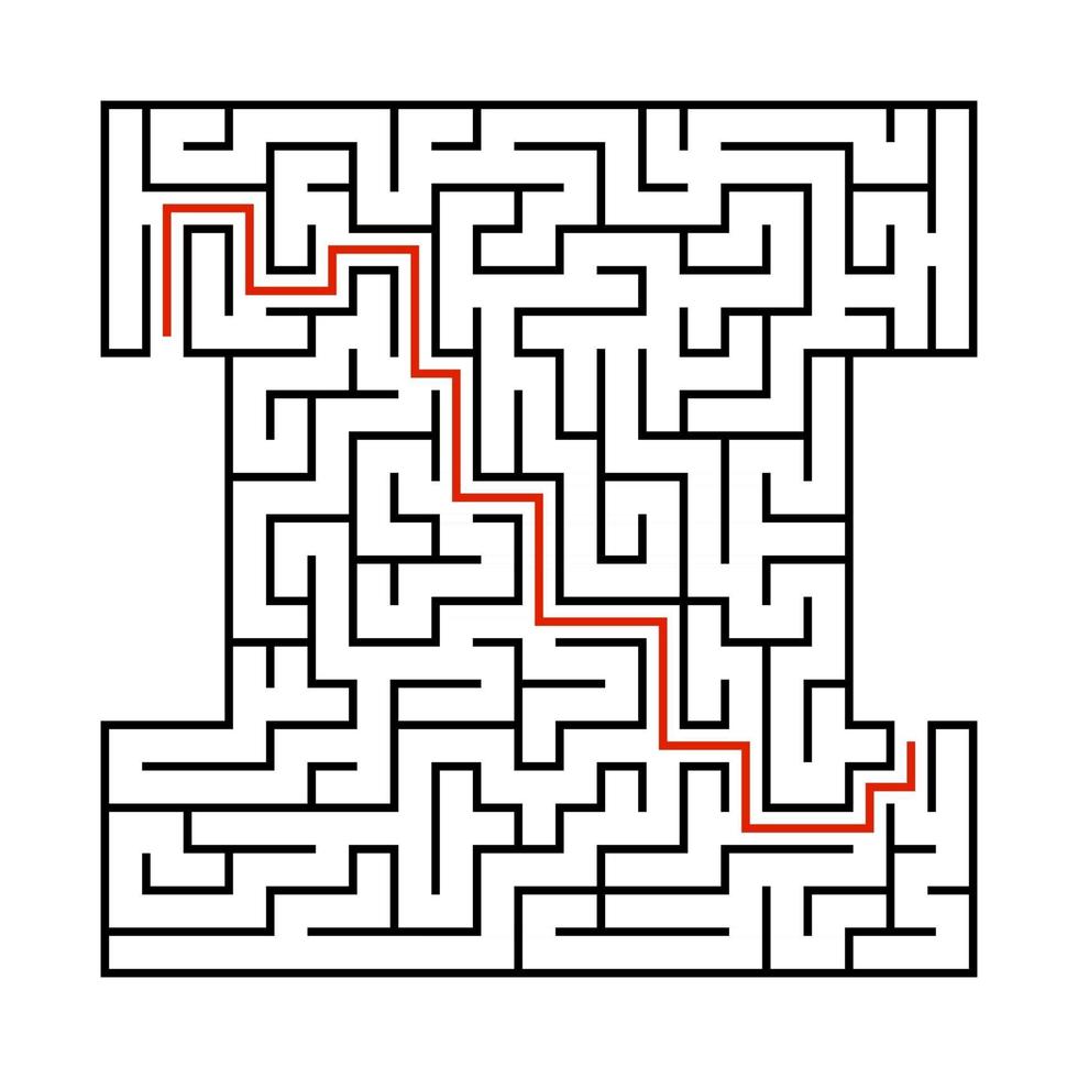 Abstract square maze. Game for kids. Puzzle for children. Labyrinth conundrum. Black flat vector illustration isolated on white background. With answer.