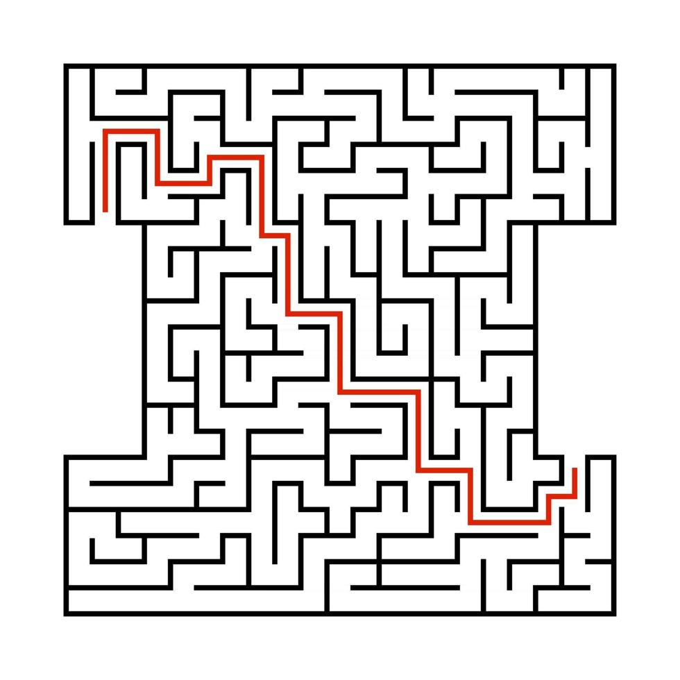 Abstract square maze. Game for kids. Puzzle for children. Labyrinth conundrum. Black flat vector illustration isolated on white background. With answer.