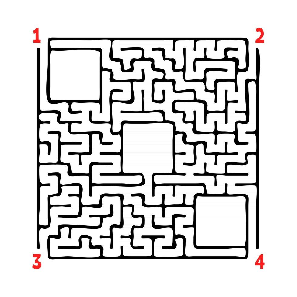 Abstract square maze. Game for kids. Puzzle for children. Four entrances, one exit. Labyrinth conundrum. Flat vector illustration isolated on white background. With place for your image.