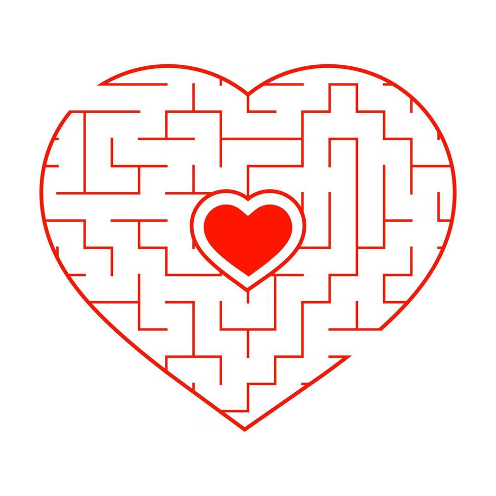 Red heart shaped labyrinth. Game for kids and adults. Puzzle for children. Labyrinth conundrum. Flat vector illustration isolated on white background. Love search concept.
