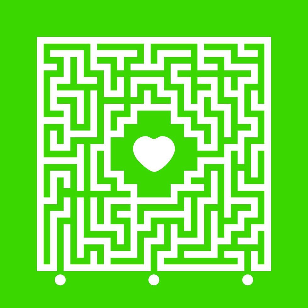 Abstract white square maze. Find the right path to the heart. Labyrinth conundrum. Love search concept. Flat vector illustration isolated on color background.