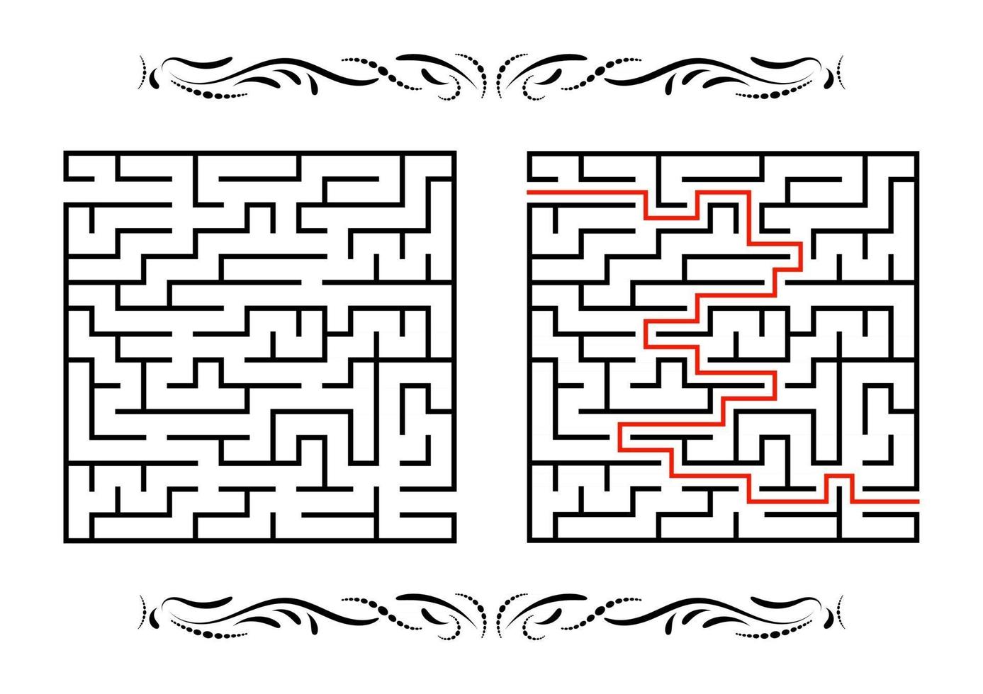 Abstract square maze. Game for kids. Puzzle for children. One entrance, one exit. Labyrinth conundrum. Flat vector illustration isolated on white background. With answer. With a vintage border