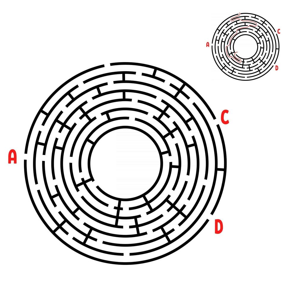 Abstract round maze. Game for kids. Puzzle for children. Find the right path. Labyrinth conundrum. Flat vector illustration isolated on white background. With answer. With place for your image.