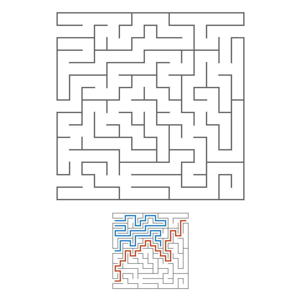 Abstract square maze. Game for kids. Puzzle for children. Labyrinth conundrum. Black flat vector illustration isolated on white background. With answer.