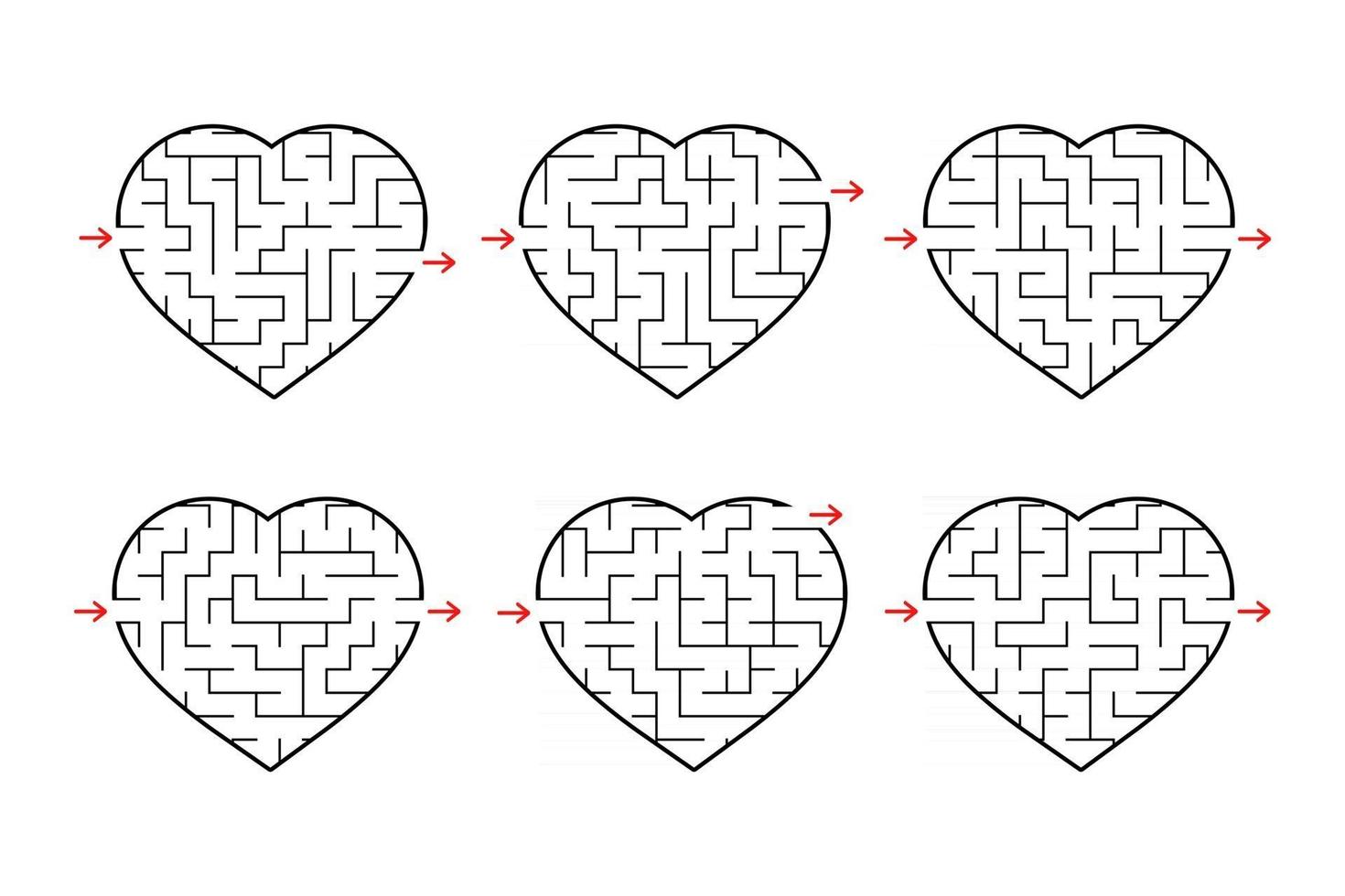 A set of labyrinths of hearts. Game for kids. Puzzle for children. Labyrinth conundrum. Flat vector illustration isolated on white background.