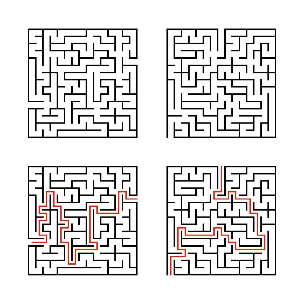 A set of square mazes. Game for kids. Puzzle for children. Labyrinth conundrum. Flat vector illustration isolated on white background. With answer.