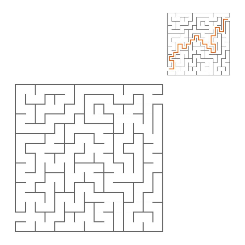 Abstract square maze. Game for kids. Puzzle for children. One entrance, one exit. Labyrinth conundrum. Flat vector illustration isolated on white background. With answer.