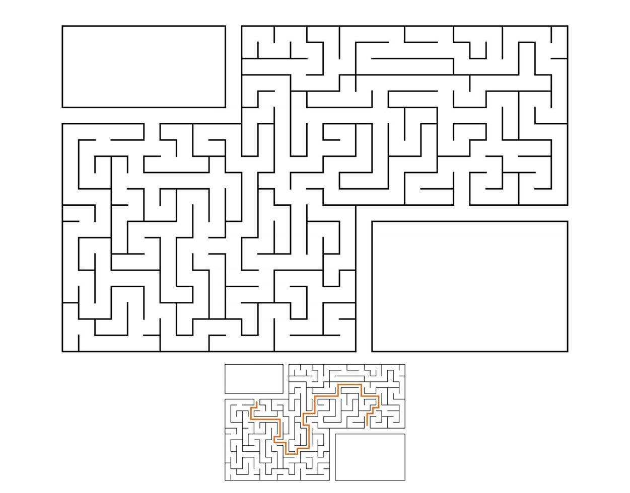 Abstract rectangular maze. Game for kids. Puzzle for children. Labyrinth conundrum. Flat vector illustration isolated on white background. With answer. With place for your image.