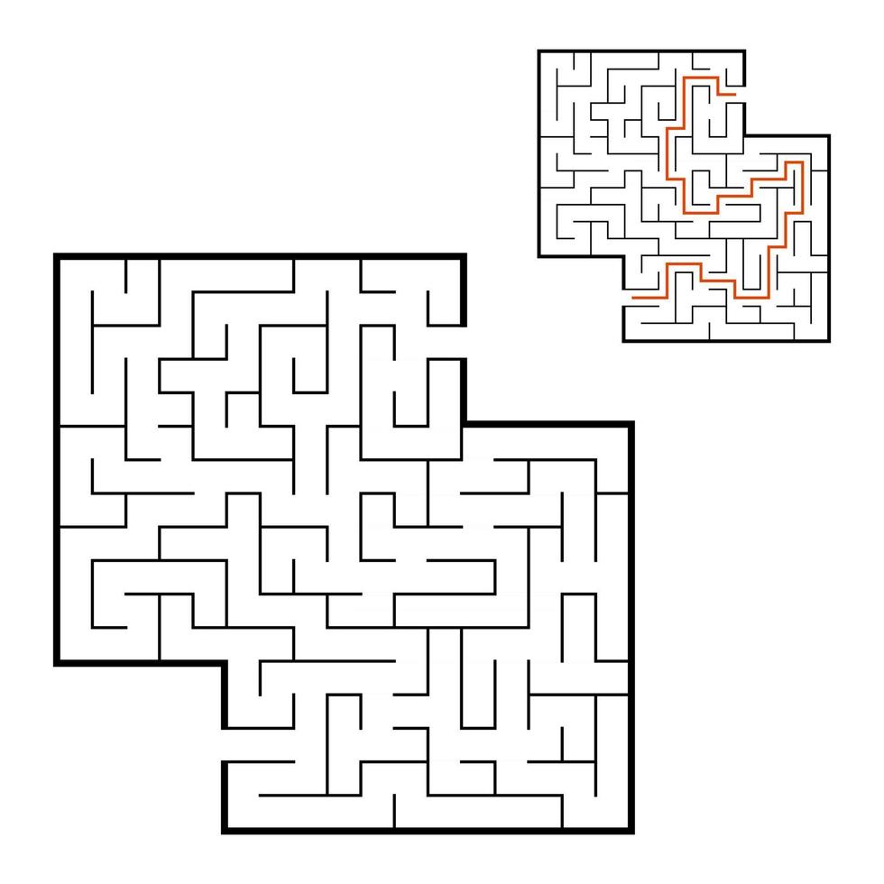 Abstract square maze. Game for kids. Puzzle for children. Labyrinth conundrum. Flat vector illustration isolated on white background. With answer. With place for your image.