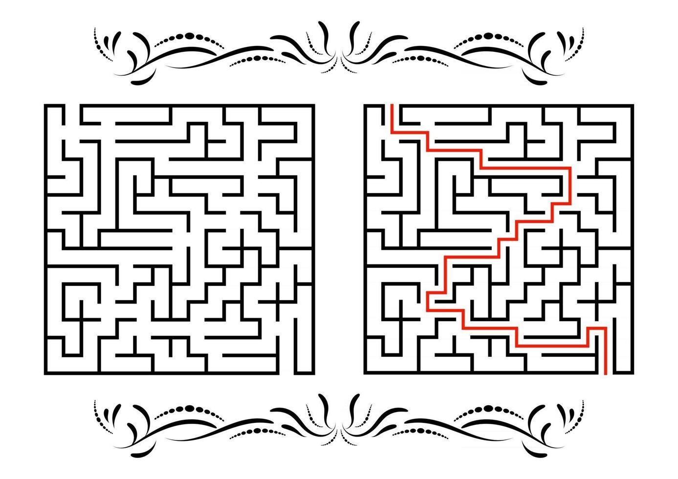 Abstract square maze. Game for kids. Puzzle for children. One entrance, one exit. Labyrinth conundrum. Flat vector illustration isolated on white background. With answer. With a vintage border