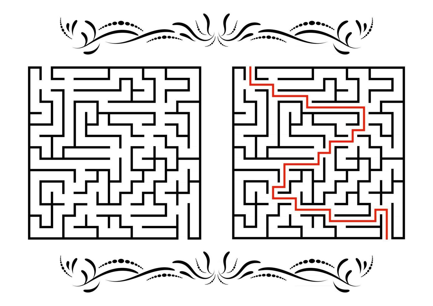 Abstract square maze. Game for kids. Puzzle for children. One entrance, one exit. Labyrinth conundrum. Flat vector illustration isolated on white background. With answer. With a vintage border