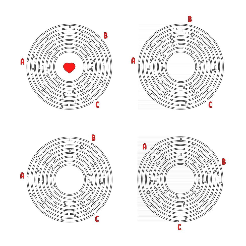 A set of round mazes. Game for kids. Puzzle for children. Labyrinth conundrum. Flat vector illustration isolated on white background.