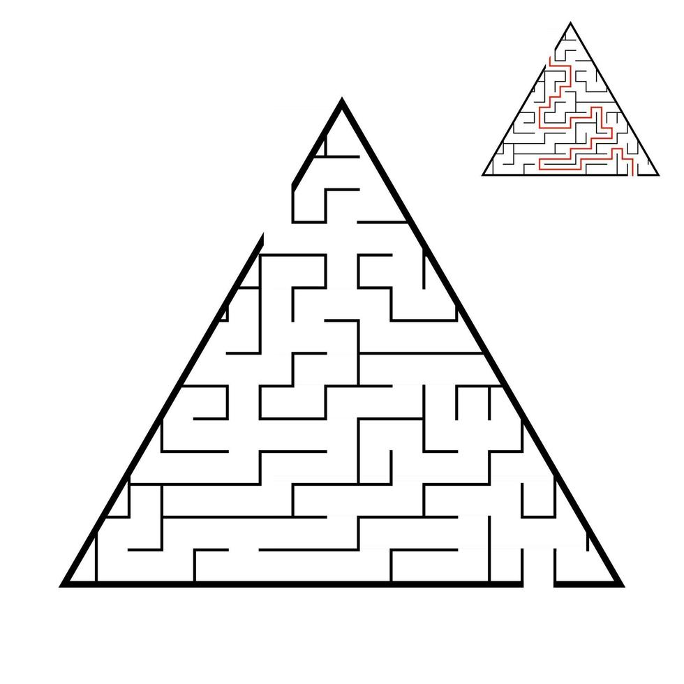 Abstract triangular labyrinth. Game for kids. Puzzle for children. One entrance, one exit. Labyrinth conundrum. Flat vector illustration isolated on white background. With answer.