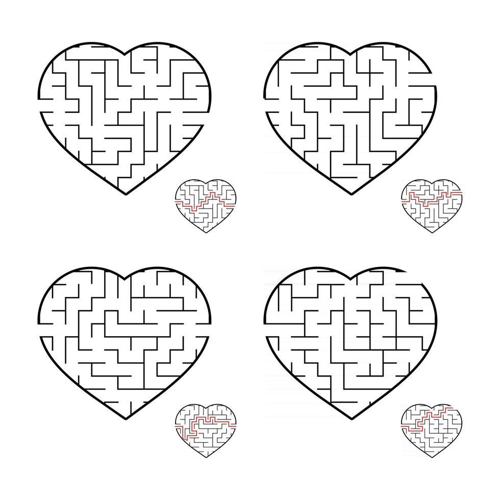 A set of labyrinths of hearts. Game for kids. Puzzle for children. Labyrinth conundrum. Flat vector illustration isolated on white background.