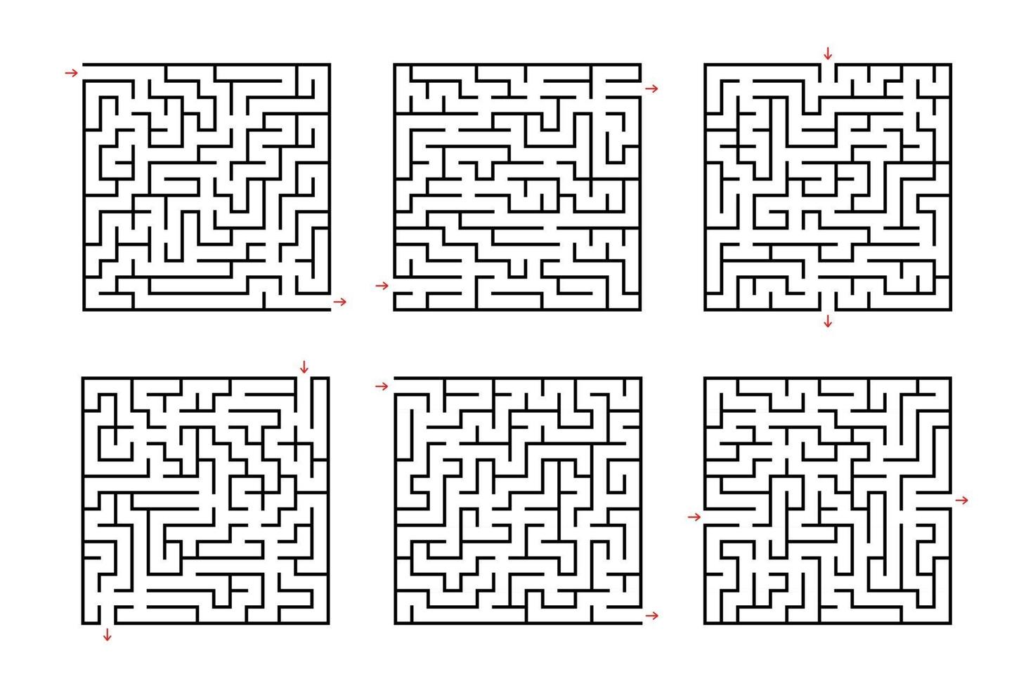 A set of square mazes. Game for kids. Puzzle for children. Labyrinth conundrum. Flat vector illustration isolated on white background.