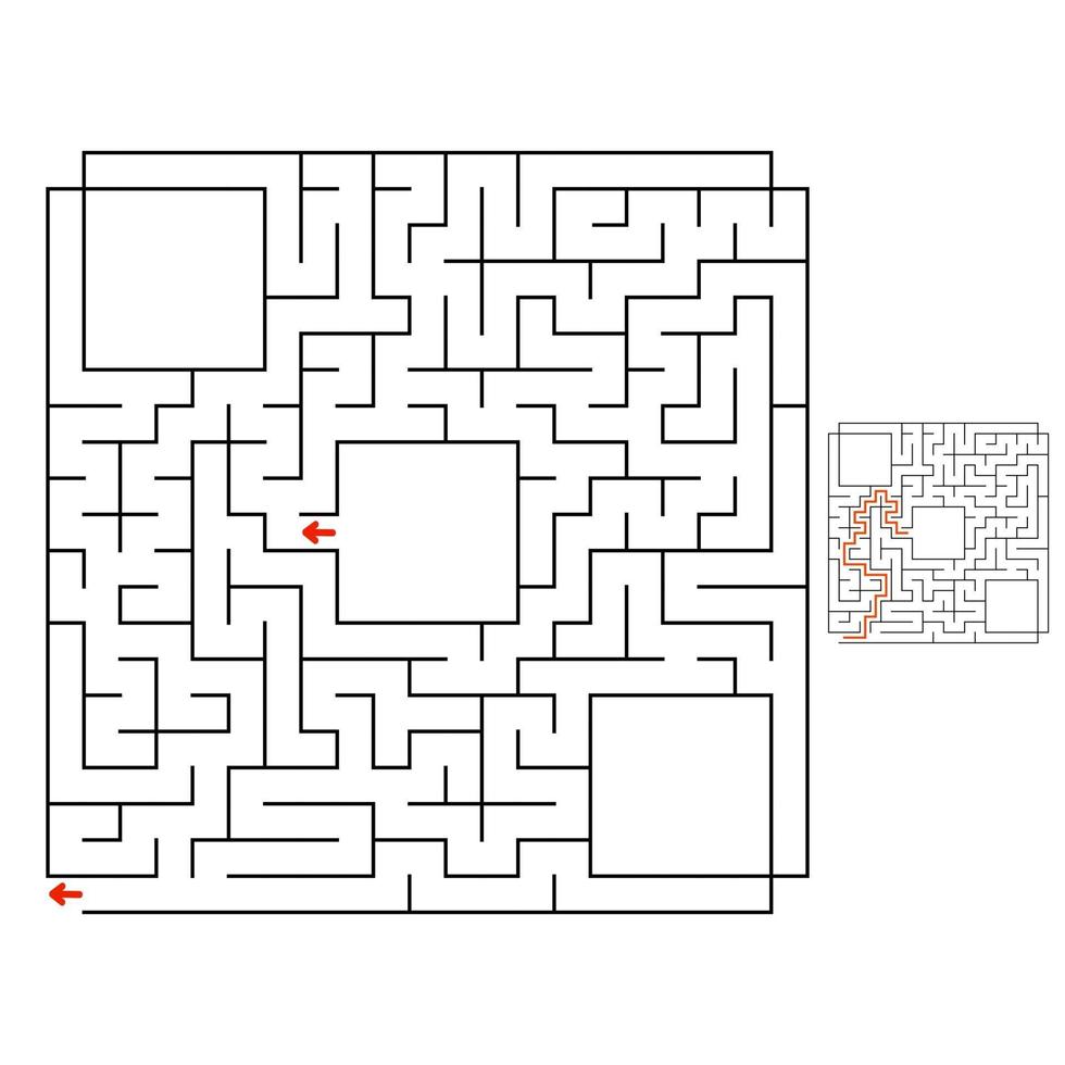 Abstract square maze. Game for kids. Puzzle for children. Labyrinth conundrum. Flat vector illustration isolated on white background. With answer. With place for your image.