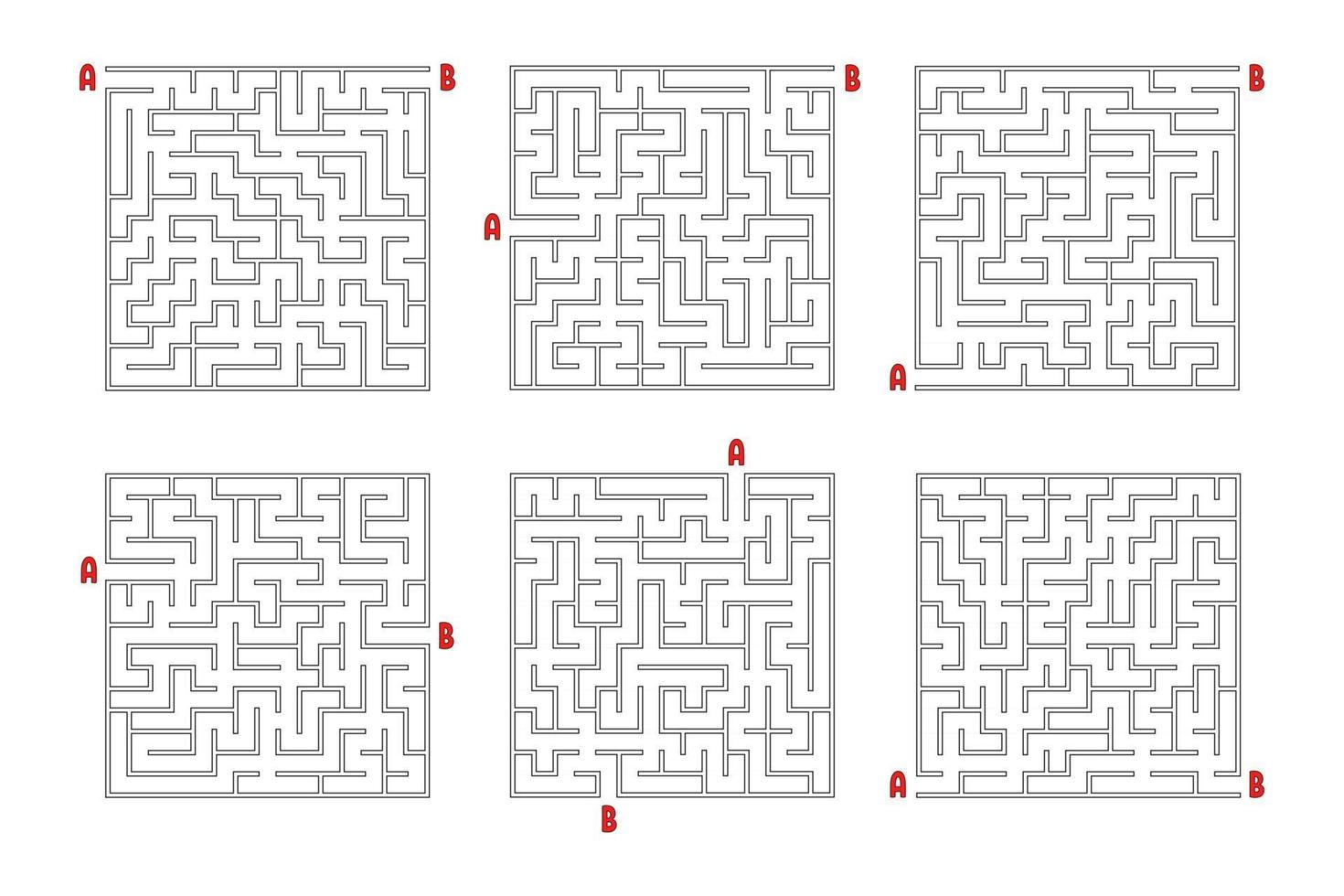 A set of square mazes. Game for kids. Puzzle for children. Labyrinth conundrum. Flat vector illustration isolated on white background.